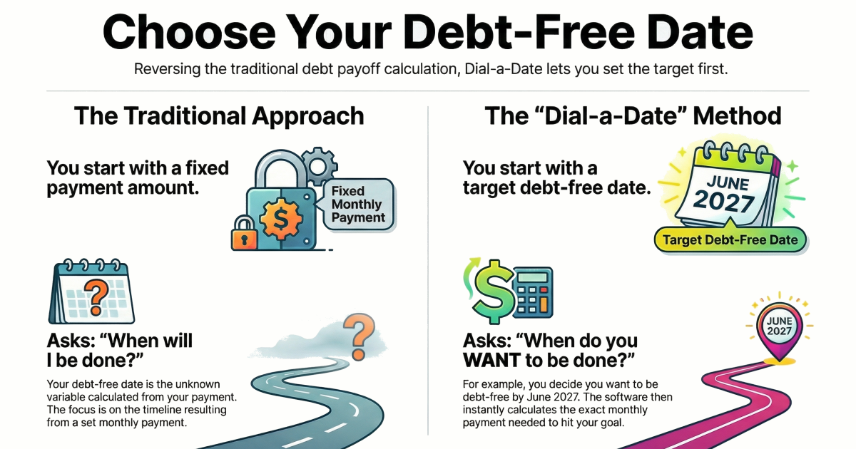 Choose Your Debt-Free Date comparison of Traditional vs Dial-a-Date