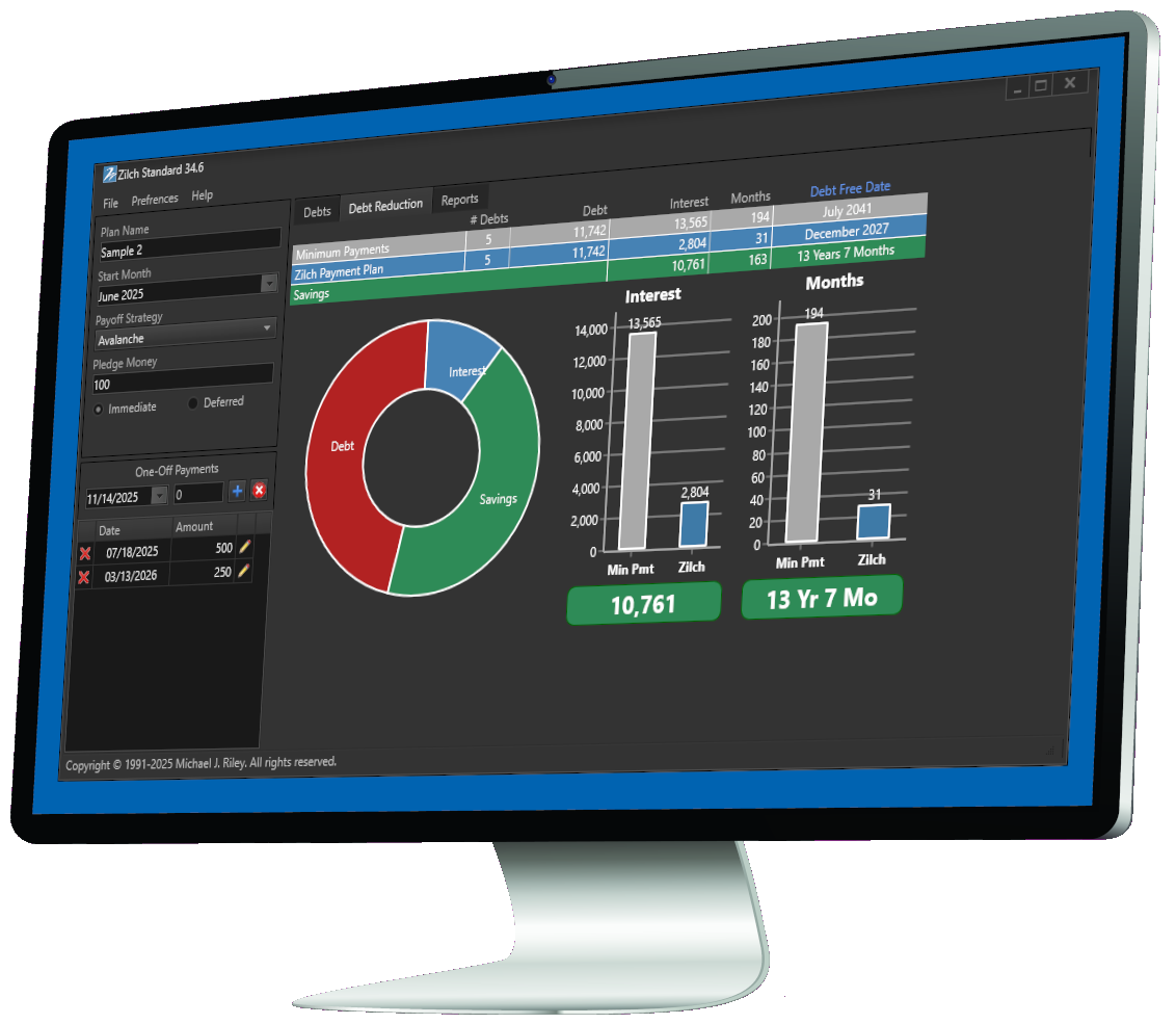 Zilch Standard debt reduction plan illustration in dark theme, highlighting the debt snowball payoff method on mobile.