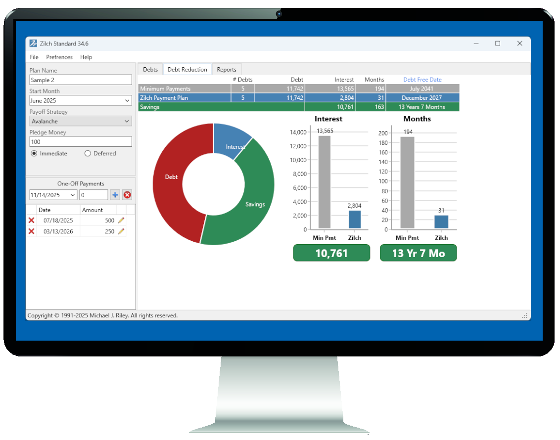 Zilch Standard debt reduction plan illustration, showing how the debt snowball payoff method works.