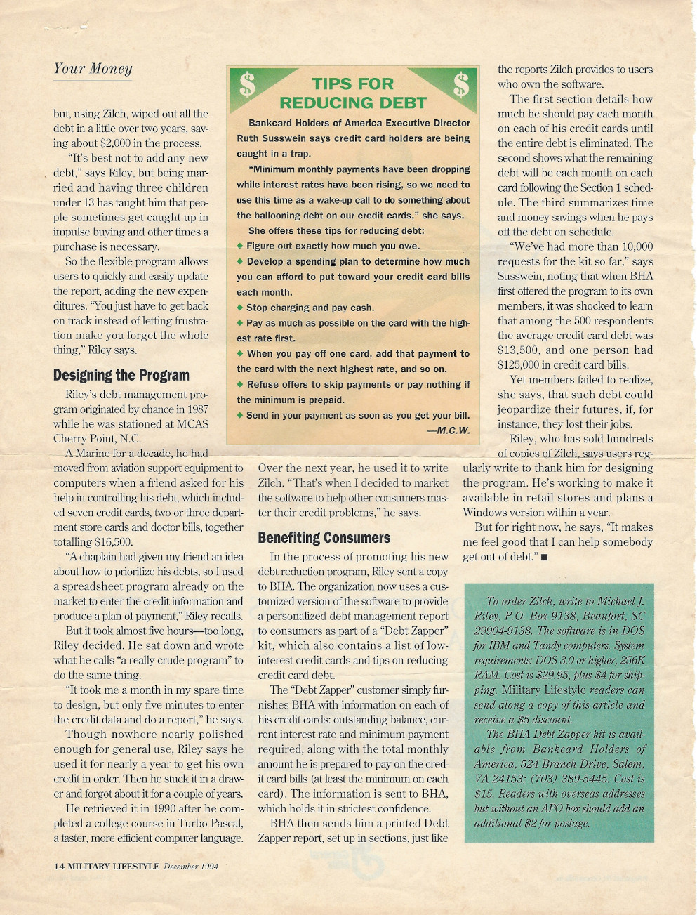 Reducing Debt to 'Zilch' article Military LifeStye December 1994 page 14