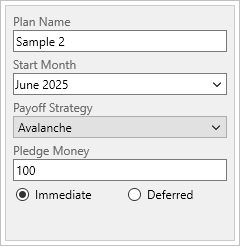 Plan settings panel showing plan name, start month, payoff strategy, and pledge money.